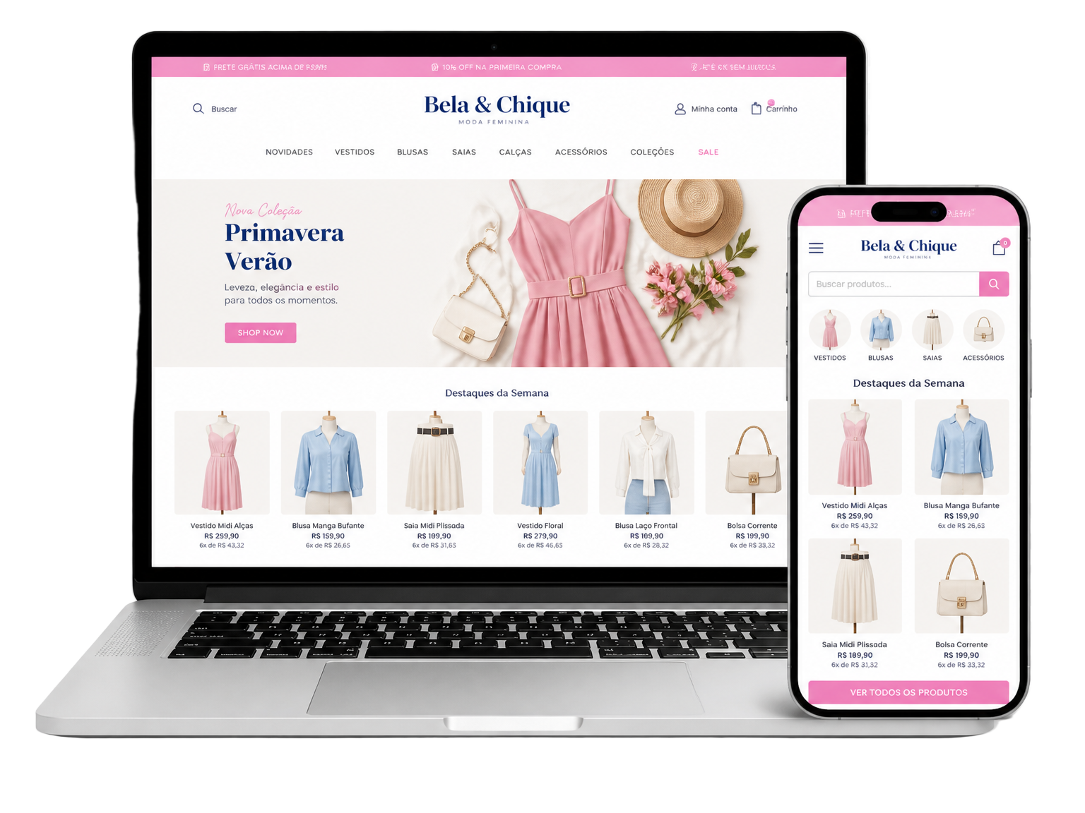 Mockup de laptop e smartphone exibindo uma loja virtual de moda feminina
